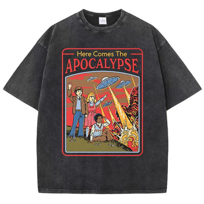 Here Comes The Apocalypse Ufo Washed Retro Men Clothing Oversized Quality Streetwear Fashion Cotton Tops Casual Loose T-Shirt