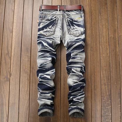 2026 Men's Fashion Vintage Jeans Slim Straight Leg Tie Dye Pleated Biker Denim Pants Male Casual Pants Oversized 42 High Quality