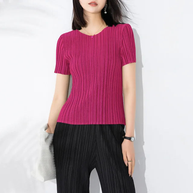 Miyake Pleated Short Sleeve Women's 2023 Summer New Thin Stretch Crew Neck All-Matching Slim Fit Pleated Hollow T-shirt Women