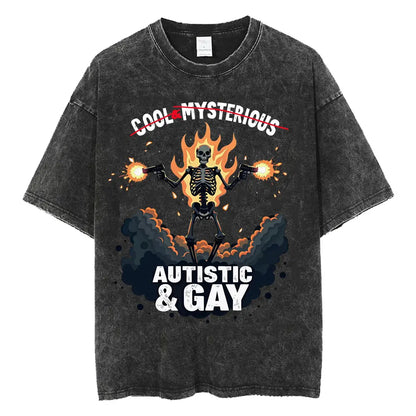 Autism Skeleton Meme T Shirt Human Funny Skull Men Women Harajuku Gothic Vintage Washed T Shirts Oversized Casual Cotton T-shirt
