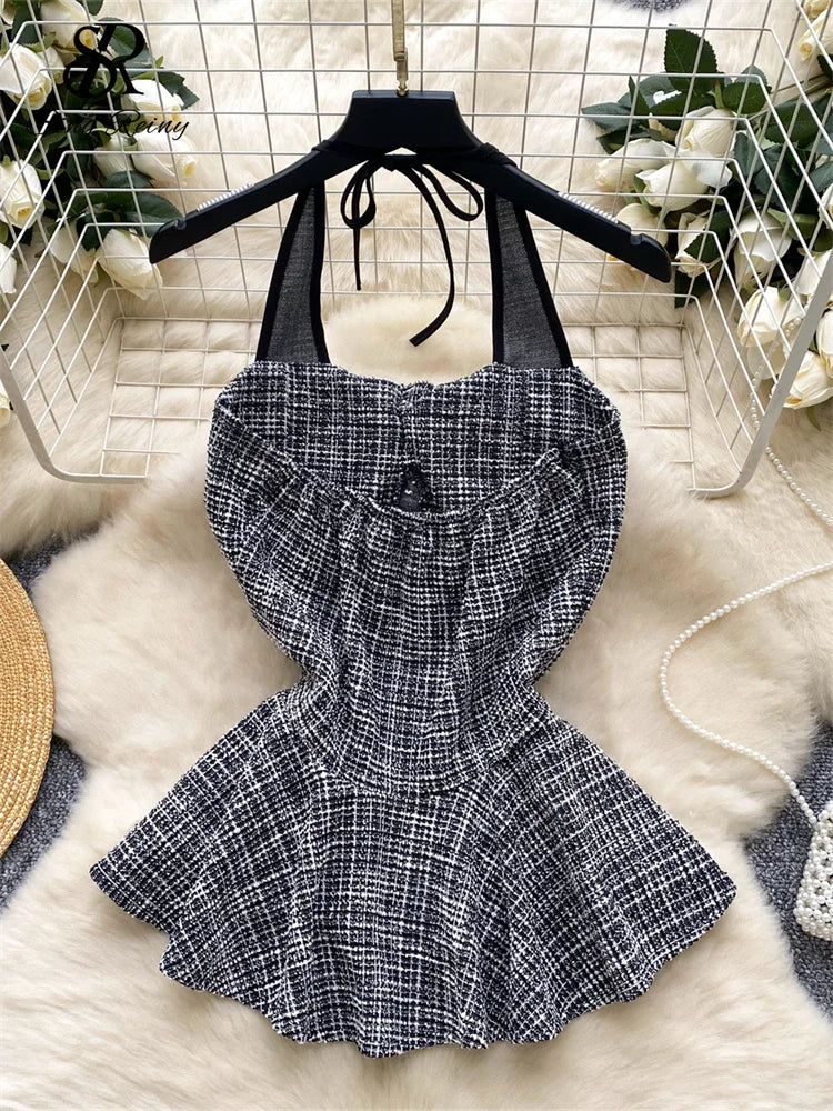 American Summer Women Camisole Halter Buttons Y2K Solid Slim Fit Tops Fashion Chic Tweed Design Hotsweet Tank Top
