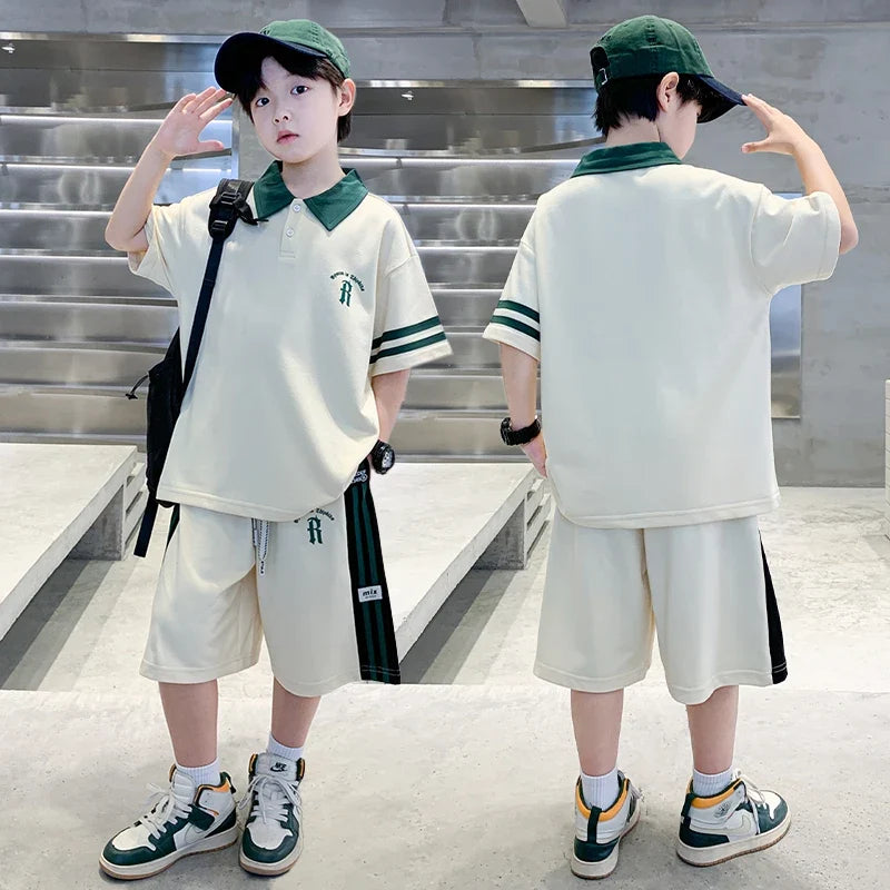 Boys Set Summer Children Clothing Korean Style Costumes Cotton Polo Shirt Shorts 2pcs Kids Casual Outfits Tracksuit Age 5-14 Y