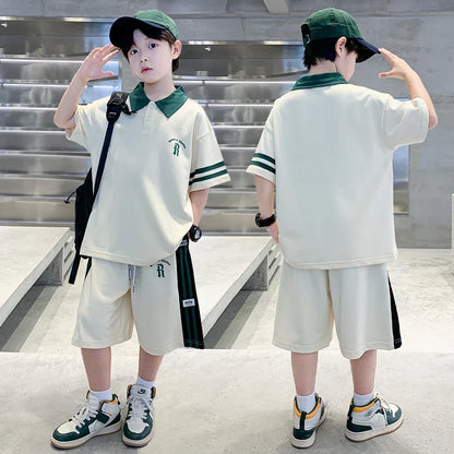 Boys Set Summer Children Clothing Korean Style Costumes Cotton Polo Shirt Shorts 2pcs Kids Casual Outfits Tracksuit Age 5-14 Y