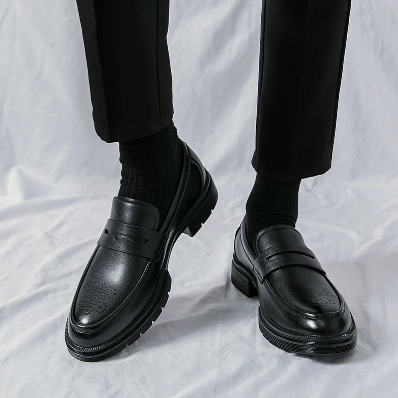 Spring Luxury Thick soled Casual Shoes Men's Black Penny loafers men Brown Business Office Dress Shoes for Mentênis masculino