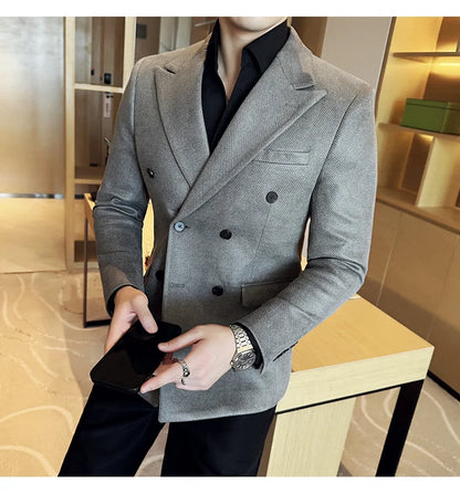 High Quality Men Double Breasted Blazer Suede Gilded Twill Slim Fit Business Social Formal Suit Jacket Tailcoats Men Clothes