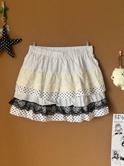 Sweet Lace Lolita Loose Skirt Women 2025 Summer Japanese Elastic Waist Patchwork Polka Dot Cake Skirts Hepburn New Vintage Skirt