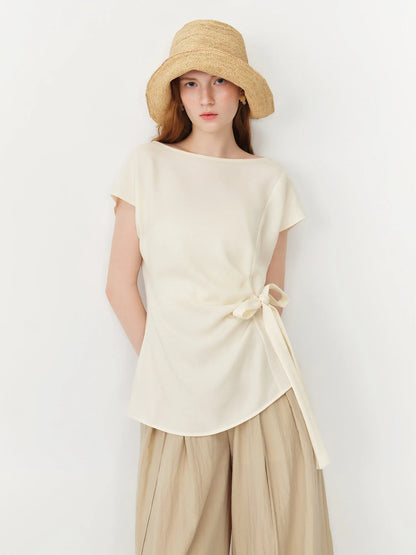 2026 Summer Women‘s Slash Neck Tie-Waist Polka Dot Short Sleeves Blouse Front-Knot Shirt French Office Chic Coquette Style