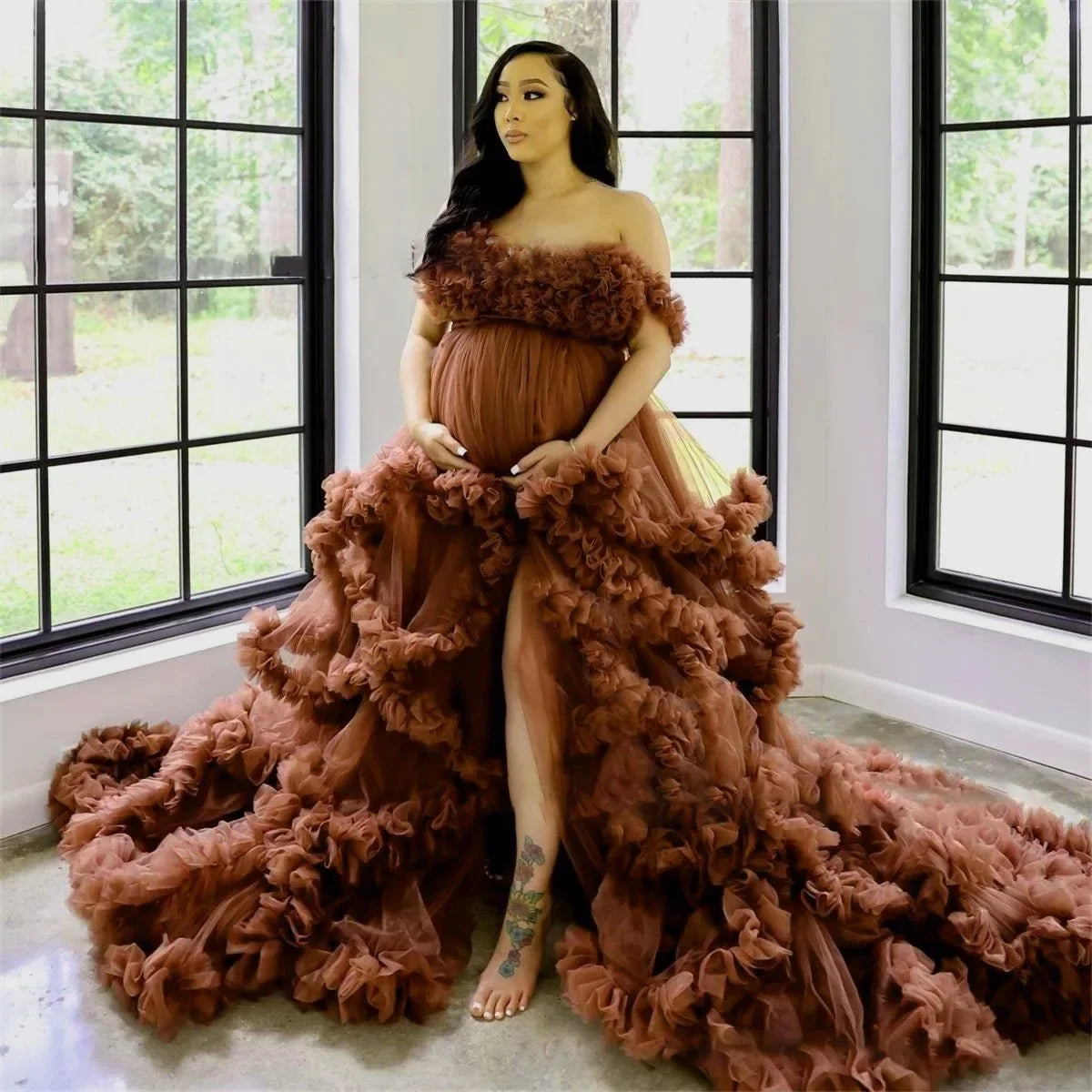 Off Shoulder Spaghetti Ball Gown Maternity Dresses for Photoshoot Hot Sale Pink Pregnant Woman Dress for Babyshower Cloud Dress