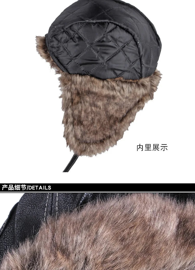 Russian Trapper Soviet Ushanka Bomber Hat Knitted Leather Earflap Fur Lined Winter Cap for Men Women