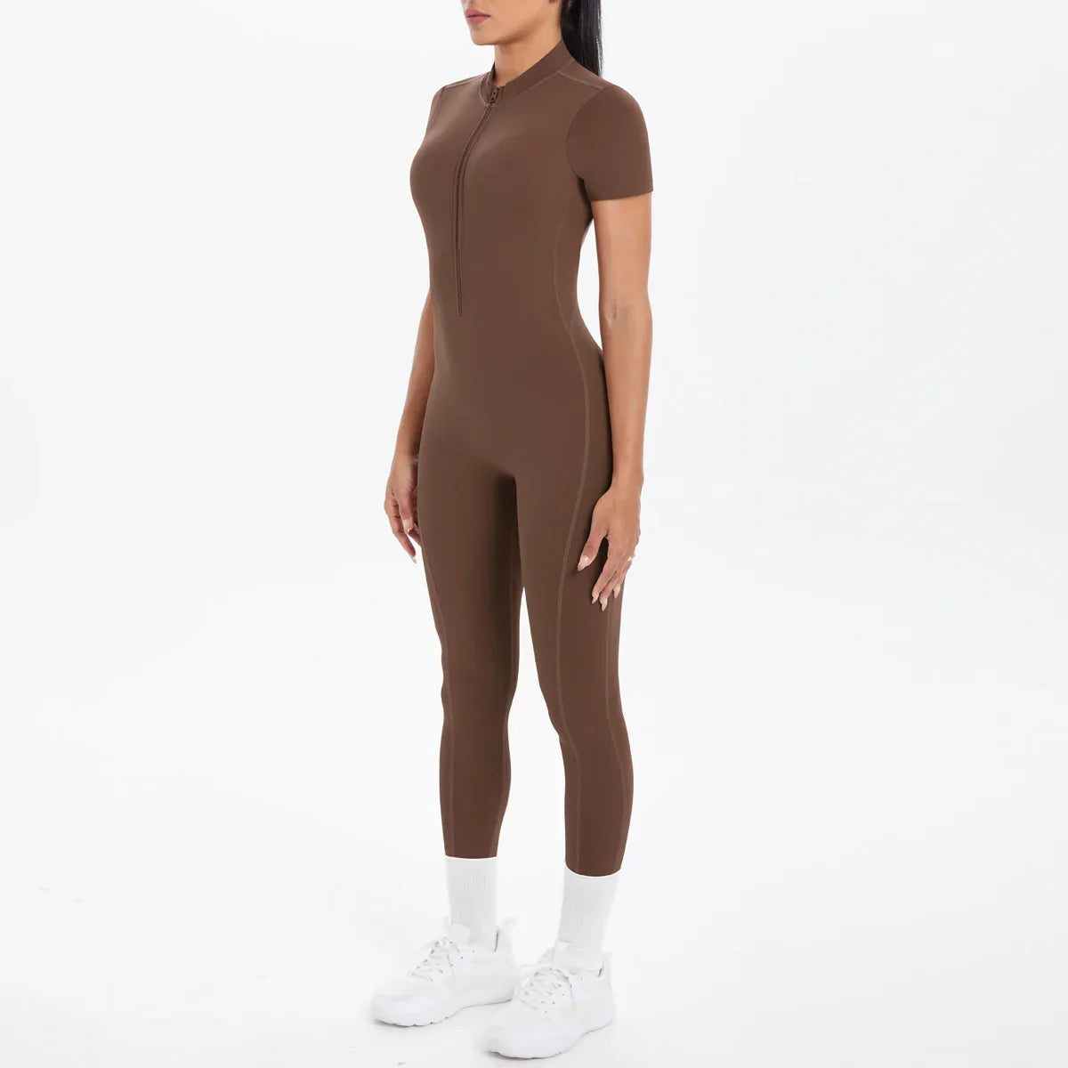 Short Sleeved Fitness Jumpsuit for Woman Bodysuits Backless Solid Color Scrunch One-Piece Suit Half Zipper Gym Yoga Sets Womens