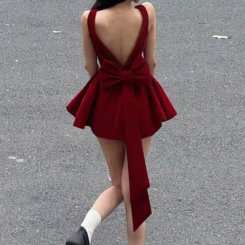 Fashion Red Bowknot Mini Dress Straps Square Collar Sleeveless Backless Vintage Cute Ladies Slim Party Short A-line Dresses