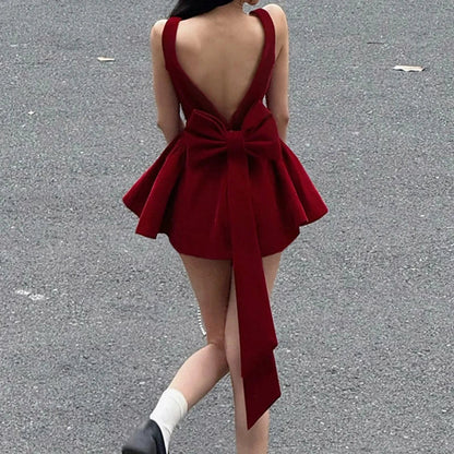 Fashion Red Bowknot Mini Dress Straps Square Collar Sleeveless Backless Vintage Cute Ladies Slim Party Short A-line Dresses