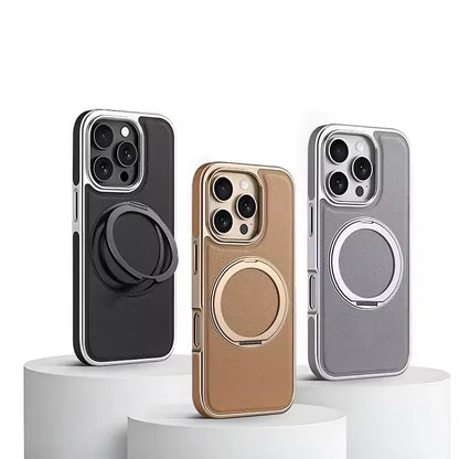 Business Plating Frame 360 Alloy Stand Holder Leather Magnetic Case For iPhone 16 15 14 13 Pro Max Shockproof Cover For Magsafe