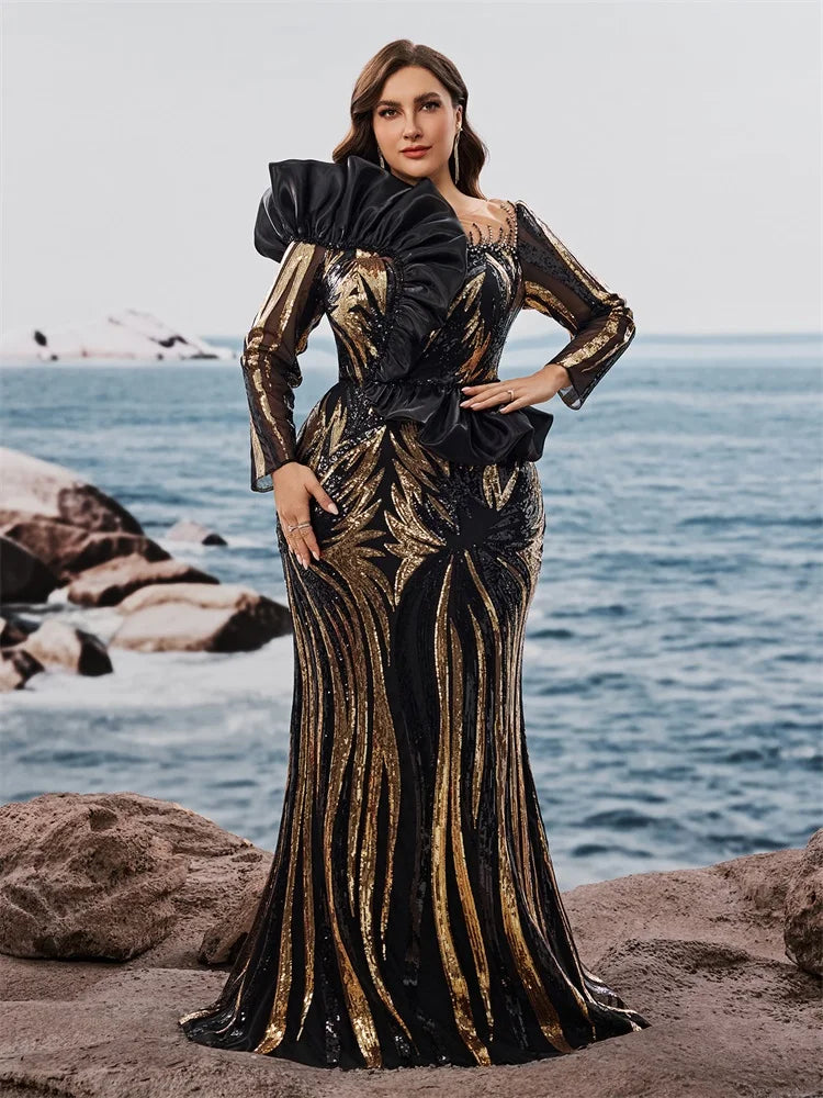Plus Size Luxury Ruffled Sequins Evening Dresses Elegant Long Sleeve Mermaid Formal Wedding Party Cocktail Gowns