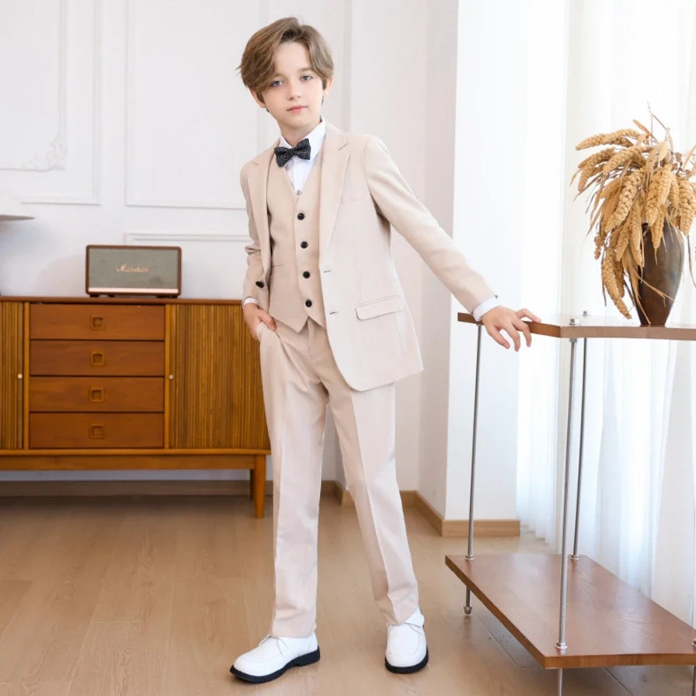 New Arrival Khaki Kids Formal Suit Set 4 Pieces Host Costumes,Casual Notched Lapel Boys Slim Fit Suits Piano Performance Wear