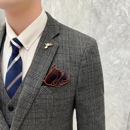 2023 Men's British Fashion Three-piece Set Slim Fit Suit Vest Trousers Ensemble Handsome Trendy All-in-one Banquet Blaze