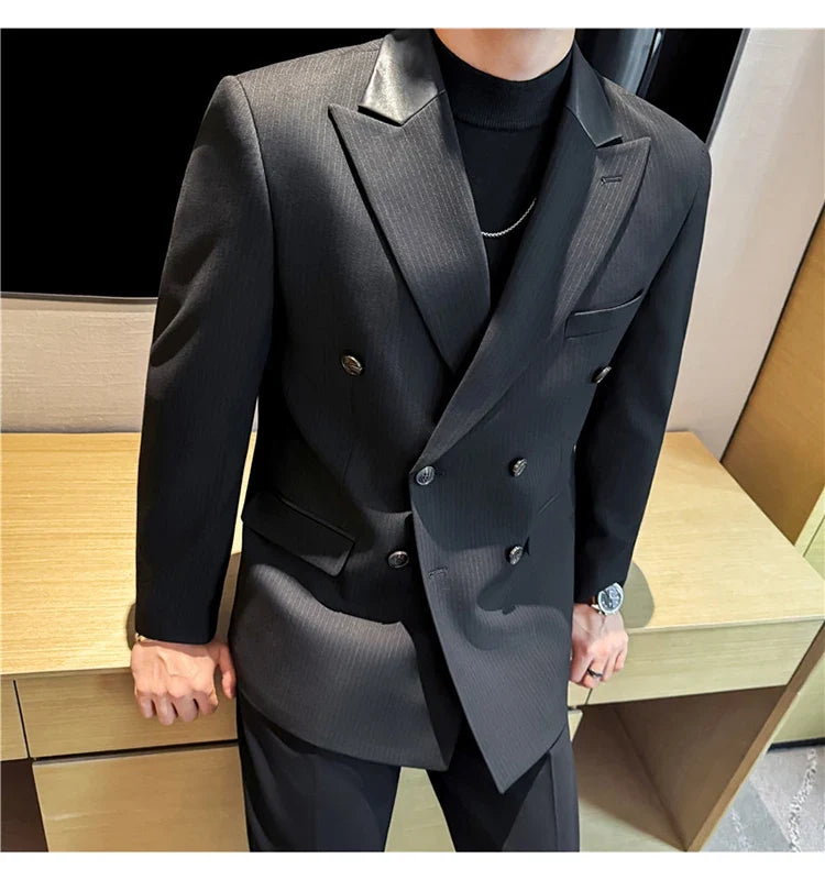 (1 Pcs Jackets) New Thicken Thicken Striped Casual Suit Jacket Fashion Splicing Leather Neck Men's Business Slim Blazers Tuxedos