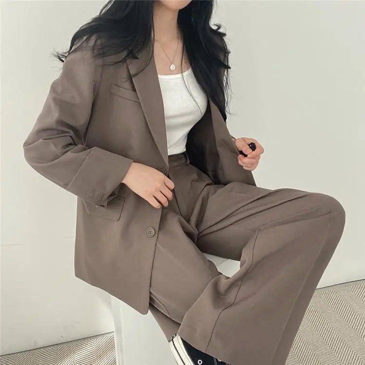 Casual Notch Lapel Suit Set with Button Thick Wide Leg Small Suit Pants High Waist Drape Polyester Business Lady Style Women