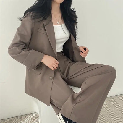 Casual Notch Lapel Suit Set with Button Thick Wide Leg Small Suit Pants High Waist Drape Polyester Business Lady Style Women