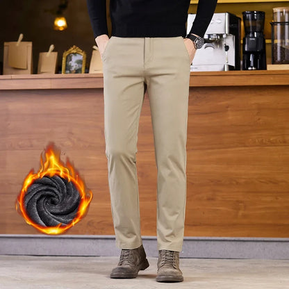 2025 Winter Fleece Pants Men's Pocket Fashion Thickened Cotton Stretch Comfort Plush Straight Business Pants Male