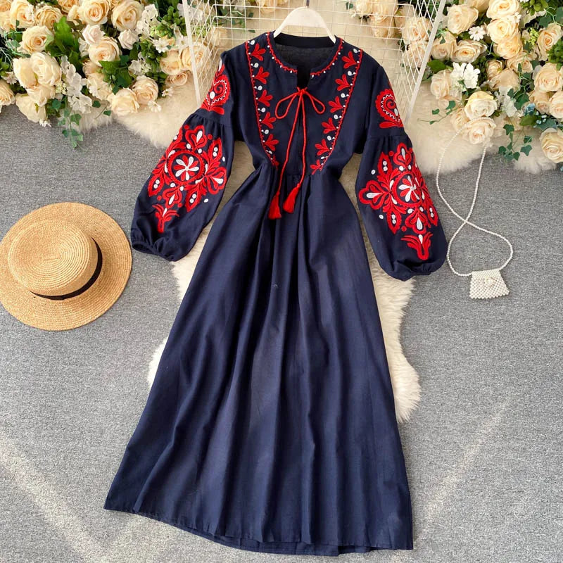 n Sle Embroidered Flower Long Sve Loose Fit Lantern Sve Gathered Slimming A-Line Dr Women's round Ne Dr