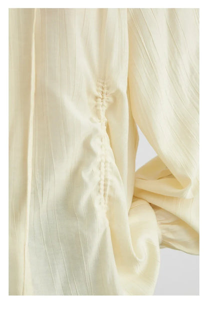 Women Loose Lace Up Shirt Solid New Korean V-neck Pleated Raglan Long Sleeved Blouses Female Tops Spring Summer 2026