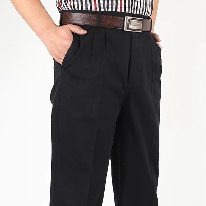Double Pleated Casual Pants Men High Waist Straight Loose Classic Basic Trousers Male Autumn 100% Cotton Black Big Size 42 44 46