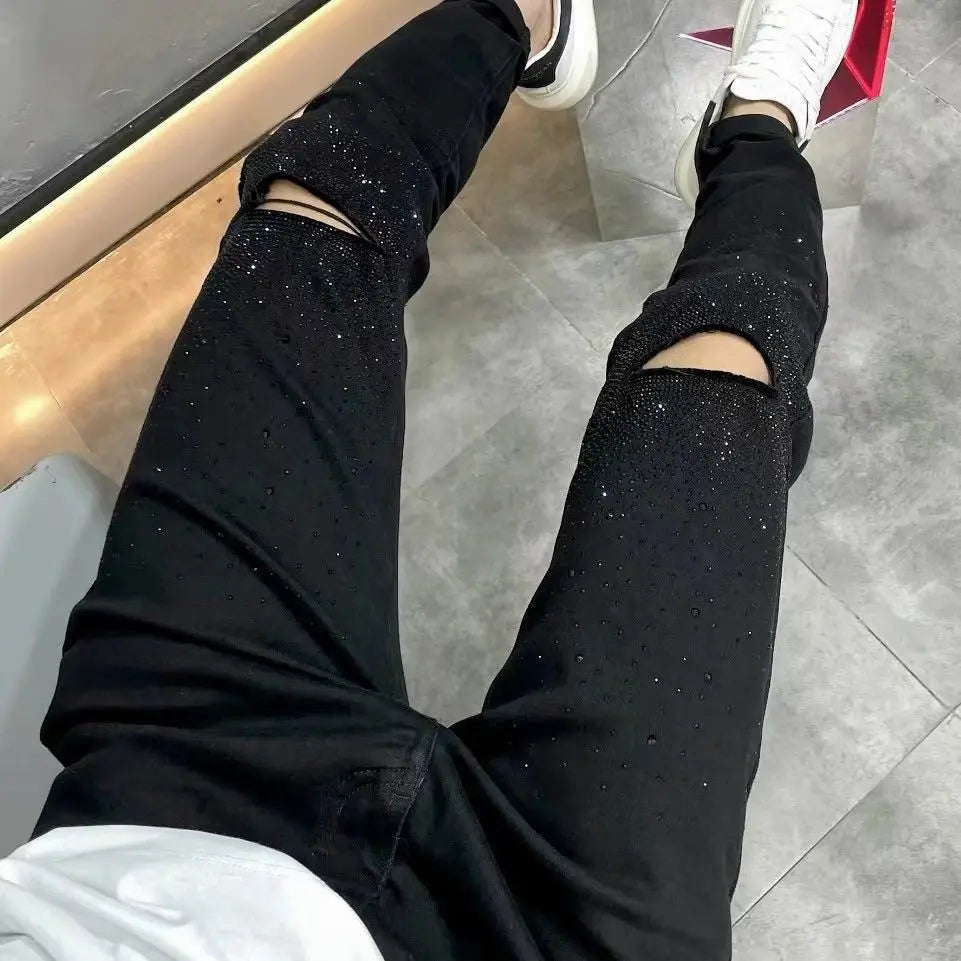 Korean Luxury Clothing Hot Diamonds Cowboy Pants Men 2025 Black Men's Slim HOLE Jeans Spring Autumn Denim Distressed Trousers