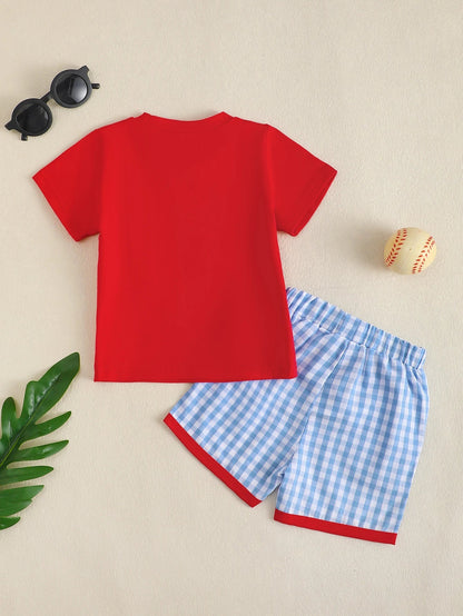 Infant Boys' Casual Round Neck Short Sleeve Set with Baseball Pattern Embroidery And Letters Toddler Boy's Comfortable Clothing