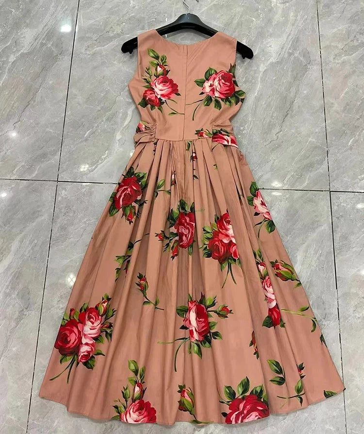 2026 Spring Women's New Fashion Round Neck Sleeveless Cotton Printed Tie a belt Waist cinching Dress