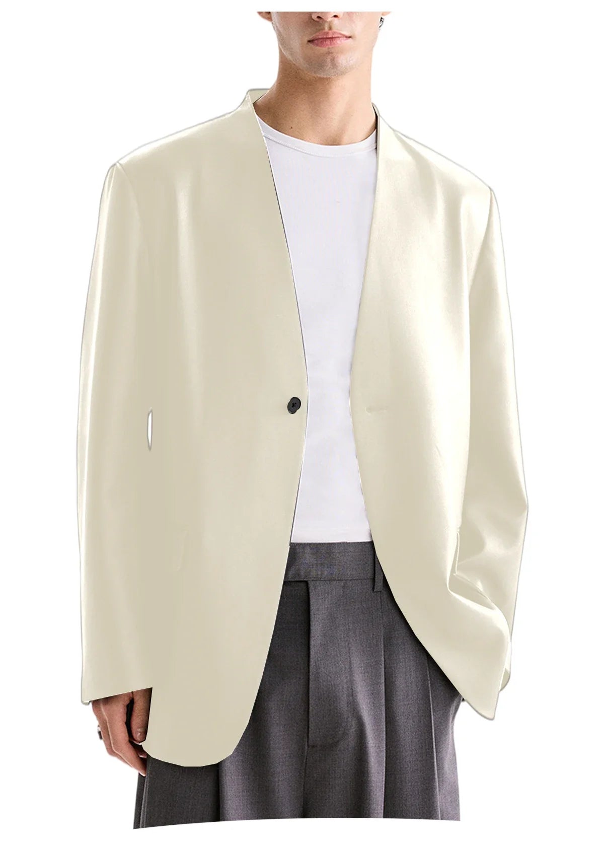 Luxury Men's PU Leather Blazer Collarless Jacket Loose 1 Button Elegant Solid Color Coat for Party Wedding Office Daily Wear