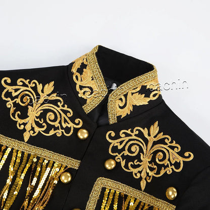 Steampunk Men's Jacket DJ Dancer Ternos White Men Costumes Clothing Black and Gold Blazer with Sequin Tassels for Performer