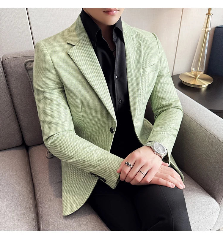 Bright Silk Thousand Bird Grid Suit Jacket Korean-style Business Fashion Slim Fit Single Breasted Men Social Party Dress Coats