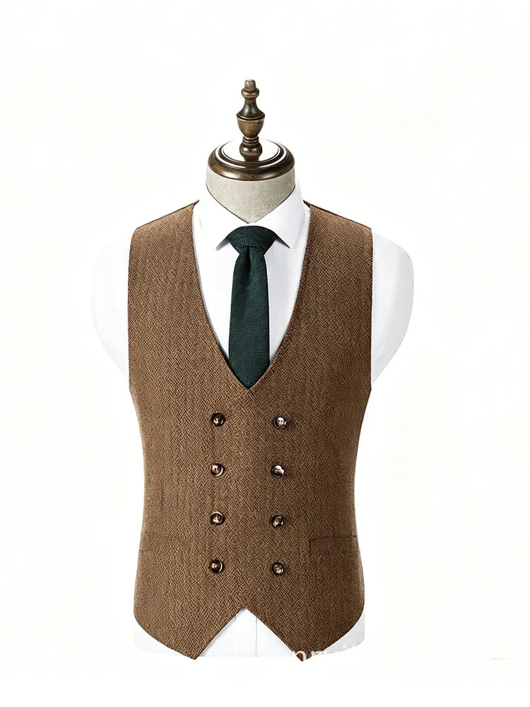 Men Retro British Tweed Double Breasted Suit Vest Plus Size V Neck Herringbone Formal Waistcoat Fashion Outer Vest with Pocket