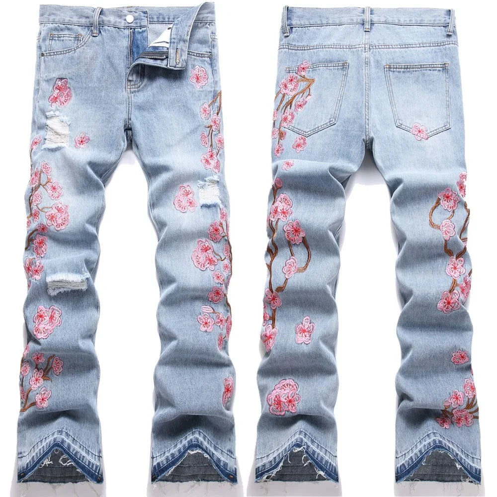 Men Straight Jean Denim Pants Jeans Loose Ankle Length Pant Pockets Casual Washed High Street Distressed Zipper Fly Spliced