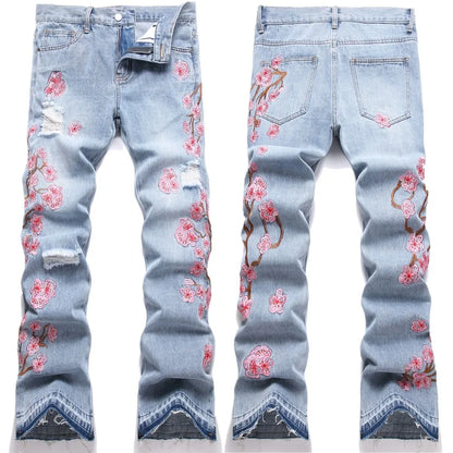 Men Straight Jean Denim Pants Jeans Loose Ankle Length Pant Pockets Casual Washed High Street Distressed Zipper Fly Spliced