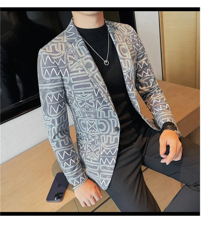 High Quality Men's Printed Suit Jacket for Men Autumnn Fashion Slim Fit Casual Business Blazers Wedding Social Dress Coats 4XL-M