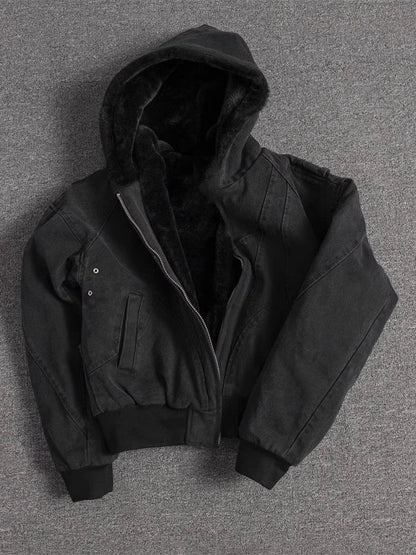 Autumn Winter Short Thickened Warm Oversized Canvas Washed Padded Jacket with Faux Fur Inside Loose Casual Hoodie