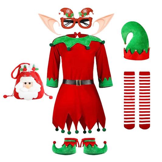 2026 Girl Boy Christmas Elf Costumes Santa Claus Kid Suit Festival Halloween Cosplay Sets Green Elves Clothes