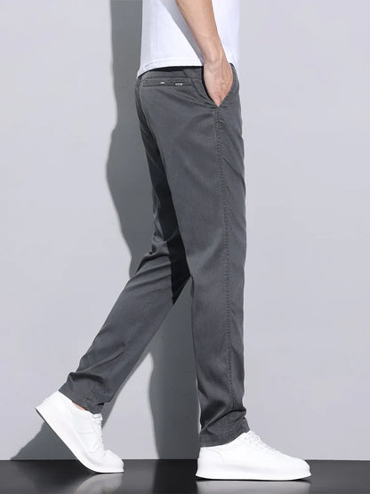 Fiber Fabric Summer Men's Casual Pants Fashion Thin Soft Breathable Elastic Business Slim Straight Trousers Black Gray