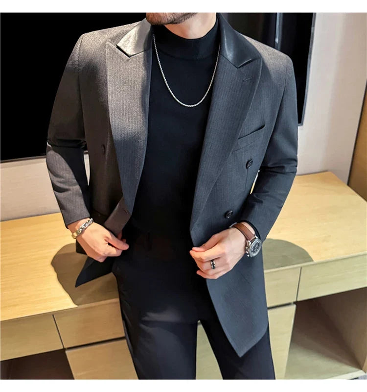 (1 Pcs Jackets) New Thicken Thicken Striped Casual Suit Jacket Fashion Splicing Leather Neck Men's Business Slim Blazers Tuxedos