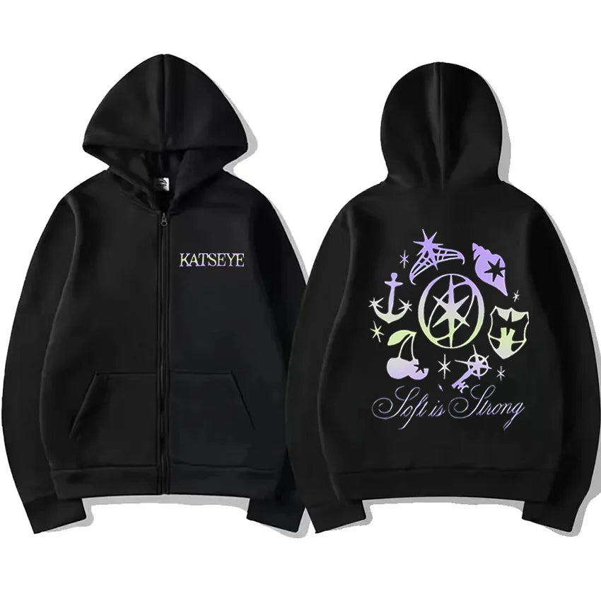 Katseye Graphics tracksuit vintage Hoodie Men Women 2025 tops Fleece fashion clothes Hip Hop Coat Zip Up Jacket Loose streetwear