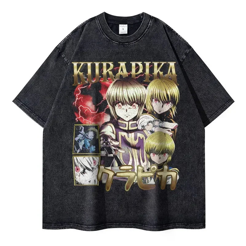 T-shirts Vintage Washed Anime Hunter T Shirt Oversize Manga Killua Zoldyck Gon Hisoka Chrollo Tops Tees Men 100% Cotton