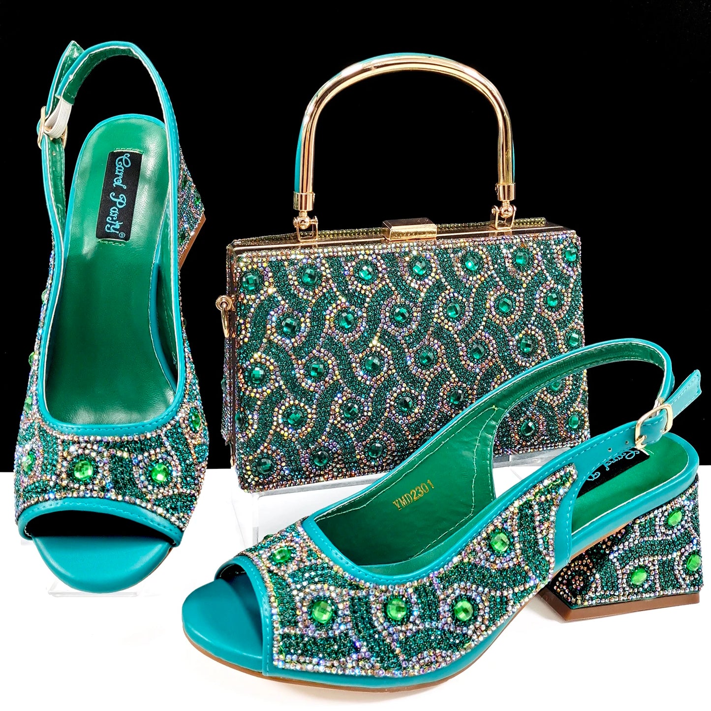 2024 Rhinestone Design INS Hot Sale New Arrivals African Shoes and Bag Set in Green Color Open Toe Comfortable Women Heels