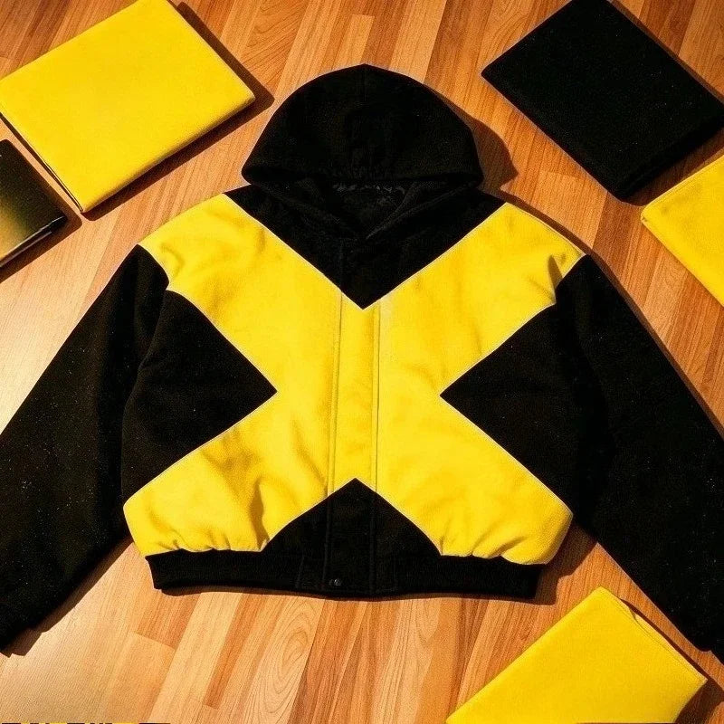 2026 American fashion brand black and yellow cross-shaped jacket high street style loose stand-up collar zipper cardigan jackett