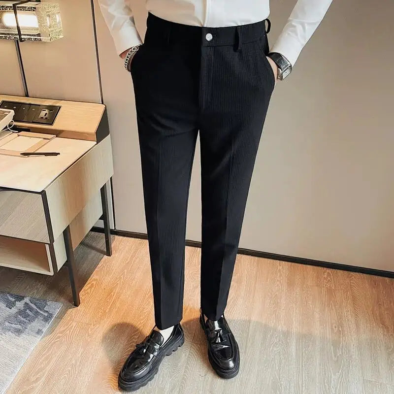 Men's Waffle Casual Pants Fashion Korean Stretch Waist Business Formal Pants Mens Social Party Suit Pants Streetwear Pencil Pant