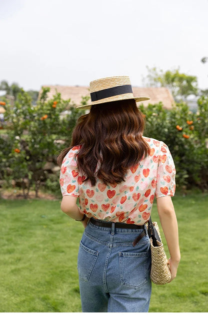 Korean Chic Fashion Women Stylish Blouses Summer French Sweet Retro Floral Polo-neck Puff Sleeves Tops MXB27C0450