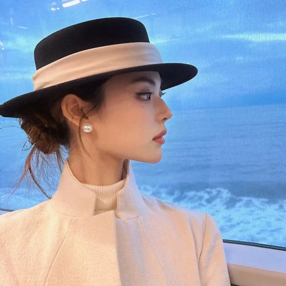 Fashion Formal Top Hat for Women Wide Brim Elegant Flat Felt Hat Retro Warm Fedoras Hats for Party