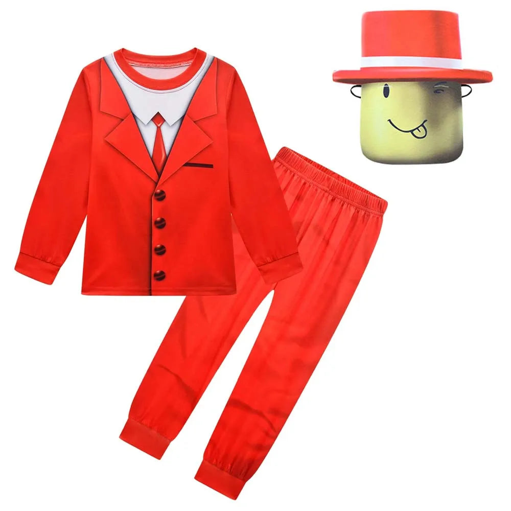 New Pocket Devs VR Game Costume Kids Boys Red Suit Man Cosplay Long Shirt Pants Jumpsuit Mask Birthday Halloween Party Costume