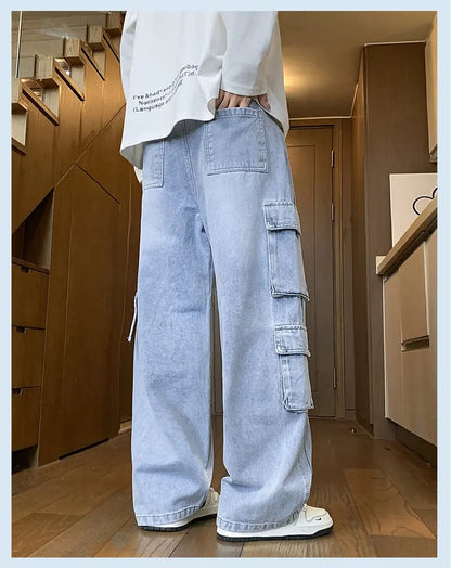 Autumn New Men's Loose Jeans Multi-pocket Work-wearing Jeans Street Hip-hop Straight Wide-leg Pants Baggy Dance Pants